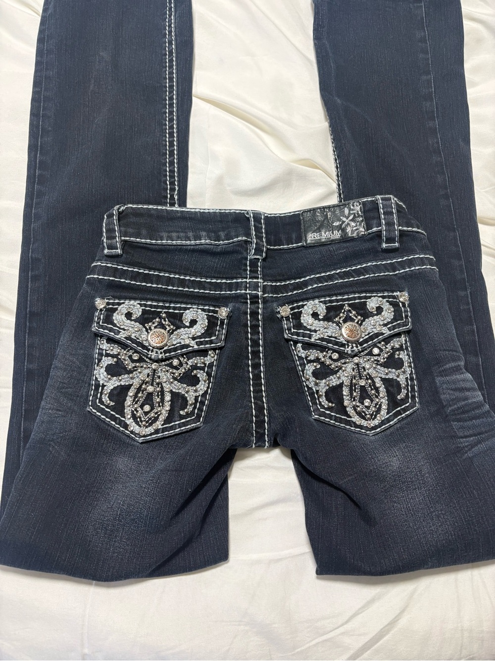 Warehouse Dark Indigo low rise bootcut Jeans with Embellished Back Pockets
